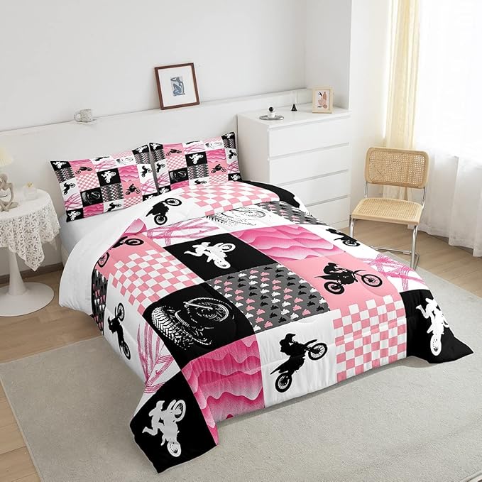 Motocross Comforter Set, Dirt Bike Bedding Sets & Collections Full, Motorcycle Rider Down Comforter For Kids Boys Girls, Motorbike Extreme Sport Game Comforter Set, Buffalo Plaid, Pink Grey Black - LeafyLoom