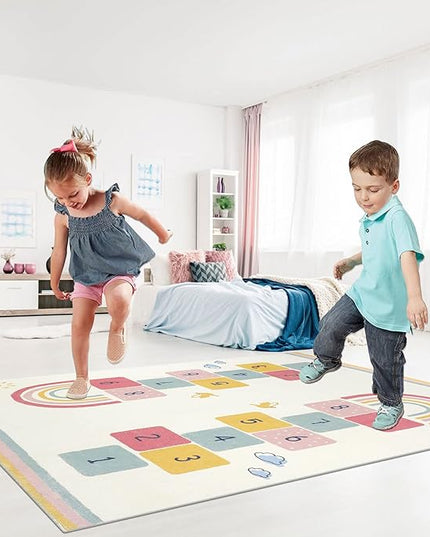 Topotdor Rainbow Sky Hopscotch Game Rugs,Kids Play Area Rugs Soft Floor Carpet for Bedroom Playroom Nursery,Great Gift for Girls & Boys,47" x 71" - LeafyLoom