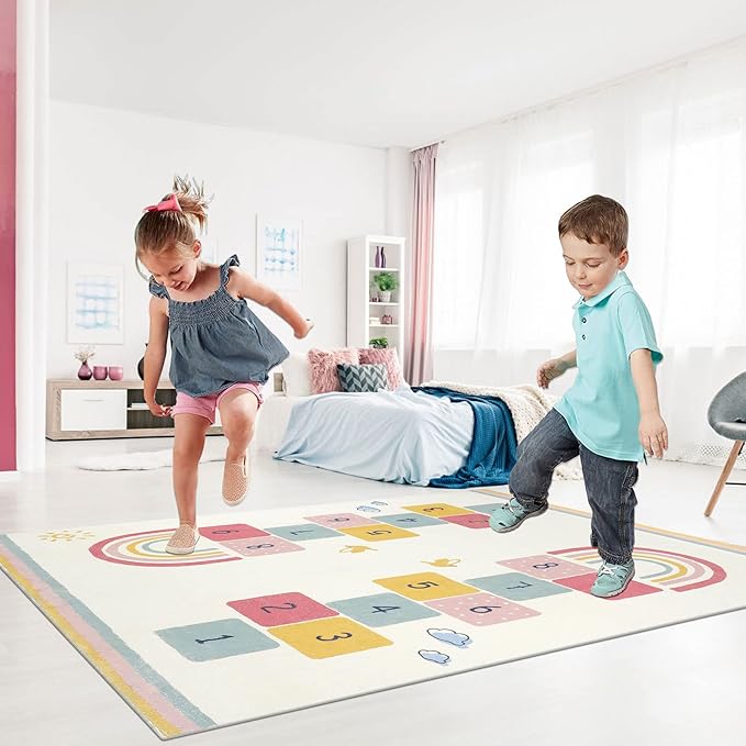 Topotdor Rainbow Sky Hopscotch Game Rugs,Kids Play Area Rugs Soft Floor Carpet for Bedroom Playroom Nursery,Great Gift for Girls & Boys,47" x 71" - LeafyLoom
