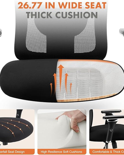 Sweetcrispy Big and Tall Office Desk Chair with Lumbar Support, 500lbs Heavy Duty Mesh Ergonomic Computer Chair with Arm and Wide Comfy Seat, Wheels for Adult - LeafyLoom