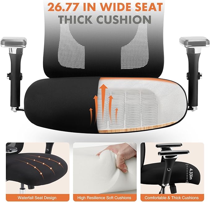Sweetcrispy Big and Tall Office Desk Chair with Lumbar Support, 500lbs Heavy Duty Mesh Ergonomic Computer Chair with Arm and Wide Comfy Seat, Wheels for Adult - LeafyLoom