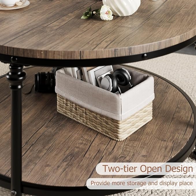 GAOMON Round Coffee Table Rustic Center Table with Storage Shelf 2-Tier Industrial Accent Center Table Wood Circle Coffee Table with Sturdy Metal Legs, Easy Assembly - LeafyLoom