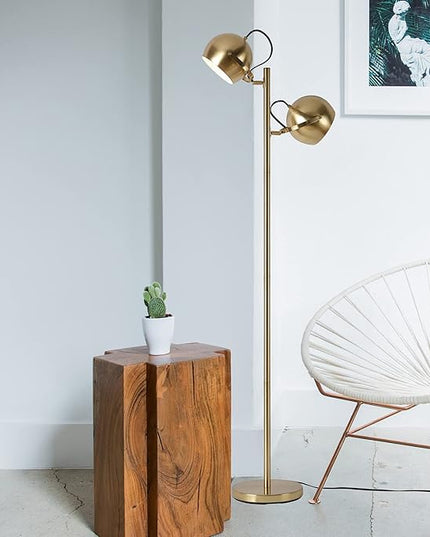 Globe Electric 67515 61" 2-Light Floor, Matte, Adjustable Lamp Heads, in-Line On Off Foot Switch, Miles (Brass) - LeafyLoom