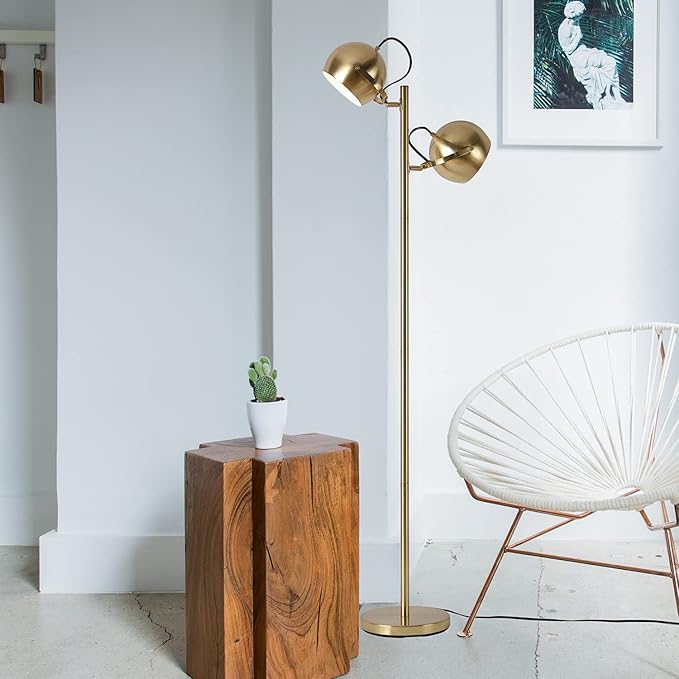 Globe Electric 67515 61" 2-Light Floor, Matte, Adjustable Lamp Heads, in-Line On Off Foot Switch, Miles (Brass) - LeafyLoom
