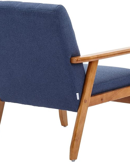 Mid-Century Accent, Modern Single Armchair, Upholstered Leisure Lounge Chair wth Solid Wood Armrest and Feet for Living Room, Bedroom, Office, Navy Blue - LeafyLoom
