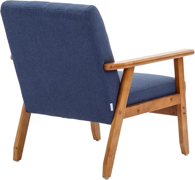 Mid-Century Accent, Modern Single Armchair, Upholstered Leisure Lounge Chair wth Solid Wood Armrest and Feet for Living Room, Bedroom, Office, Navy Blue - LeafyLoom