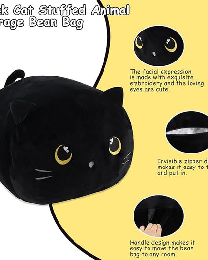 Stuffed Animal Storage Bean Bag Chair Cover for kids Cute Black Cat Large Beanbag Plush Toy Bedroom Décor Organizer Cover, No Beans - LeafyLoom