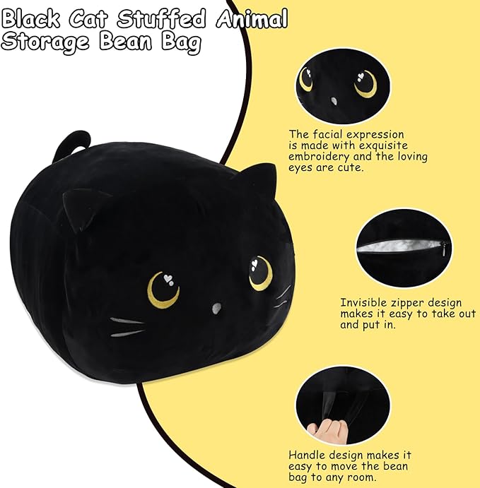 Stuffed Animal Storage Bean Bag Chair Cover for kids Cute Black Cat Large Beanbag Plush Toy Bedroom Décor Organizer Cover, No Beans - LeafyLoom