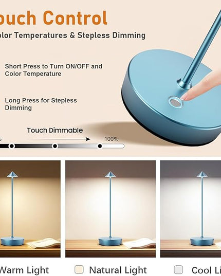 Set of 2 Rechargeable Cordless Table Lamp,6000mAh LED Battery Operated Desk Lamp Touch 3 Color Dimming Portable Outdoor Waterproof Table Light for Patio/Restaurant/Dining/Home (Blue) - LeafyLoom