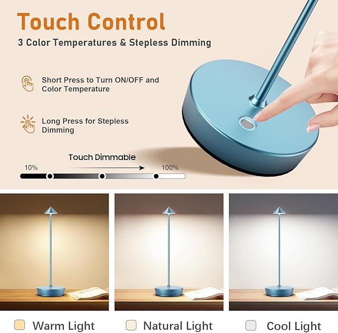 Set of 2 Rechargeable Cordless Table Lamp,6000mAh LED Battery Operated Desk Lamp Touch 3 Color Dimming Portable Outdoor Waterproof Table Light for Patio/Restaurant/Dining/Home (Blue) - LeafyLoom