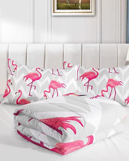 Flamingo Comforter Set Twin Size Tropical Flamingo Geometric Stripe Bedding Set Flamingo Quilted Duvet for Kids Girls Boys Adult with 1 Comforter and 2 Pillowcases - LeafyLoom