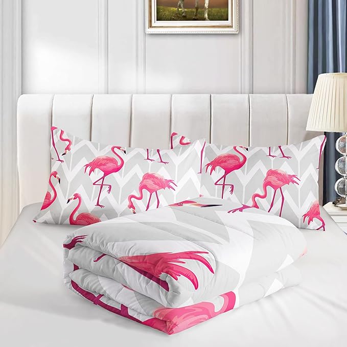 Flamingo Comforter Set Queen Size Tropical Flamingo Geometric Stripe Bedding Set Flamingo Quilted Duvet for Kids Girls Boys Adult with 1 Comforter and 2 Pillowcases - LeafyLoom