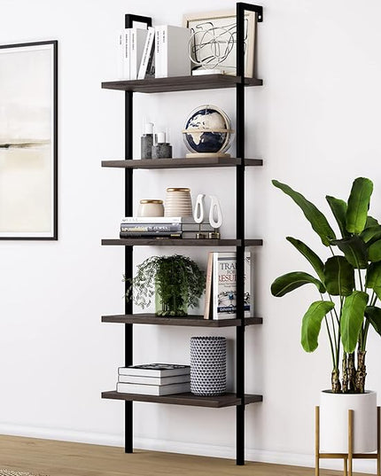 Nathan James Theo 5-Shelf Wood Modern Bookcase, Open Wall Mount Ladder Bookshelf with Industrial Metal Frame, Dark Brown Nutmeg/Black - LeafyLoom