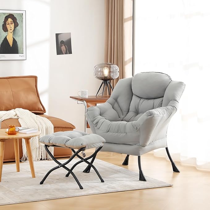 Cozy Lazy Chair and Ottoman, Large Contemporary Accent Lounge Chair Set, Leisure Upholstered Reading Armchair for Bedroom, Living Room, Dorm Rooms, Office - LeafyLoom
