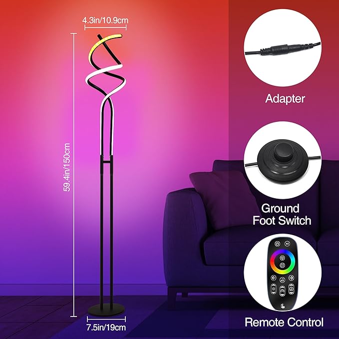 Modern RGB Spiral Floor Lamp, Dimmable LED Floor Lamp with RGBW, Ultra Bright, Standing Tall Lamp with Remote Reading Floor Lamp for Living Room Bedroom Office - LeafyLoom