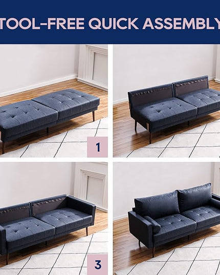 Vonanda Faux Leather Sofa Couch, Mid-Century 73 Inch 3 Seater Leather Couch with Wood Grain Metal Legs and Bolster Pillows for Living Room,Elegant Twilight Blue - LeafyLoom