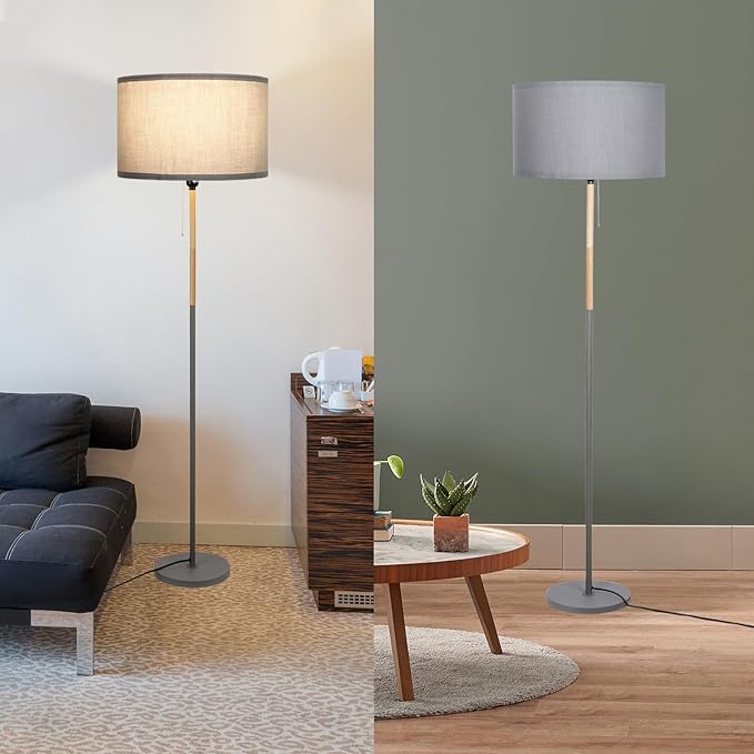Modern Floor Lamp for Living Room Traditional Farmhouse Floor Lamps Mid-Century Pole Lamp with Linen Lamp Shade, Standing Tall Floor Lamps for Bedrooms and Office (Grey) - LeafyLoom