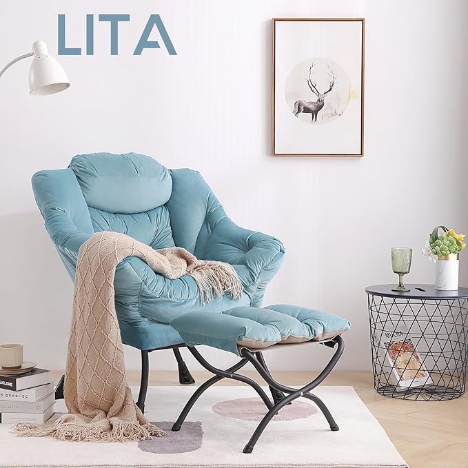 LITA Lazy Chair with Ottoman, Modern Accent Leisure Upholstered Sofa Chair, Contemporary Lounge Reading Chair with Armrests and a Side Pocket for Living Room, Bedroom & Small Space, Light Blue - LeafyLoom