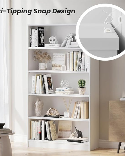 Farini 5 shelf boockase Display Bookcase Freestanding Wooden Bookshelves for Home Office Living Room,60 Inch Height,White - LeafyLoom