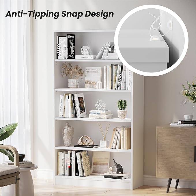 Farini 5 shelf boockase Display Bookcase Freestanding Wooden Bookshelves for Home Office Living Room,60 Inch Height,White - LeafyLoom