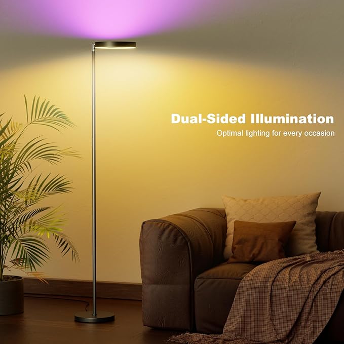Dual-Sided RGBCW Floor Lamp, 42W 2800LM Bright Dimmable LED Standing Lamp with Remote Control, 350° Rotatable Head, Modern Color Changing Tall Lamps for Living Room Bedroom Studio Office Gaming Garage - LeafyLoom