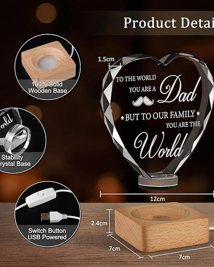 Birthday Gift To My Dad, 3D Heart Shape Crystal Plaque, Engraved Night Light Lamp Presents for Dad, Best Dad Ever, 3D LED BOX Birthday Thank You Gifts with 100% Solid Wooden Base Greeting Card - LeafyLoom