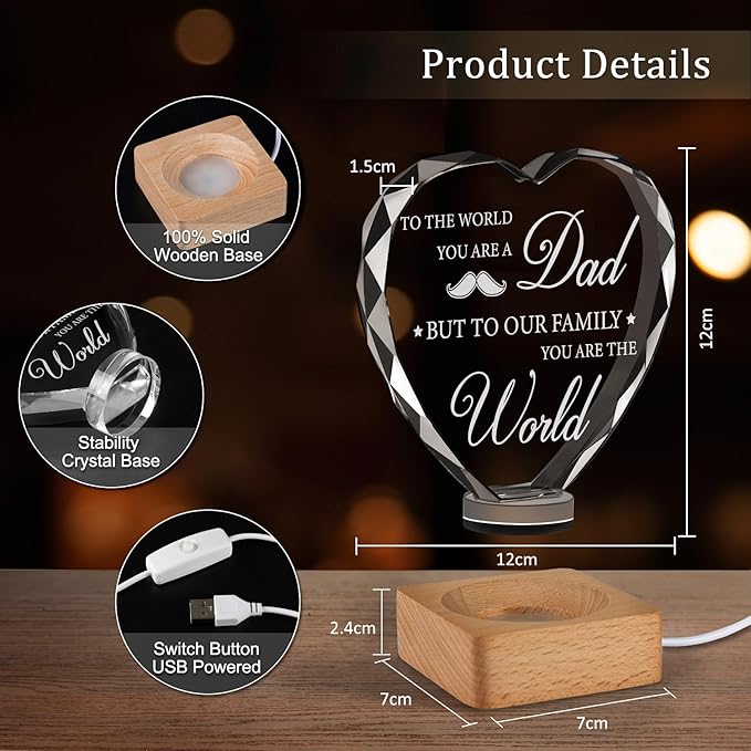Birthday Gift To My Dad, 3D Heart Shape Crystal Plaque, Engraved Night Light Lamp Presents for Dad, Best Dad Ever, 3D LED BOX Birthday Thank You Gifts with 100% Solid Wooden Base Greeting Card - LeafyLoom