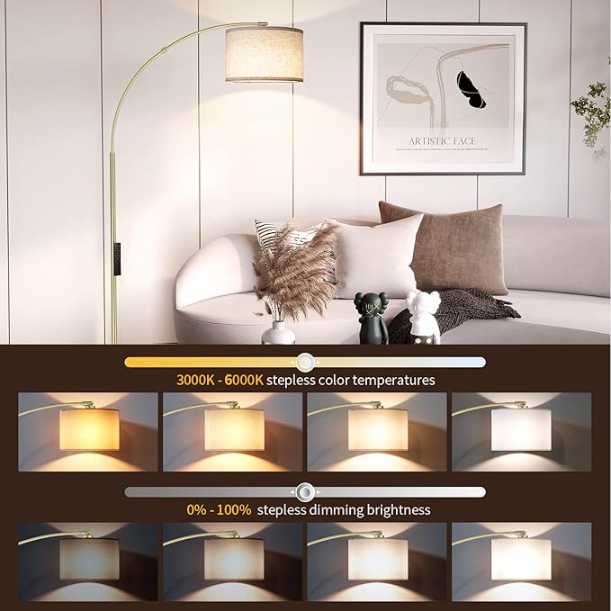 SUNMORY Arc Floor Lamp with Remote,Modern Floor Lamp with Stepless Dimmable Bulb,75″Height Tall Lamp for Living Room with Hanging Drum Shade and Weighted Base.Mid Century Standing Lamp for Bedroom. - LeafyLoom