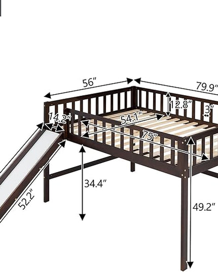 Merax Kids Wood Full Low Loft Bed with Ladder and Slide, Junior Loft Bunk Bed for Boys, Girls,No Box Spring Needed, Espresso - LeafyLoom