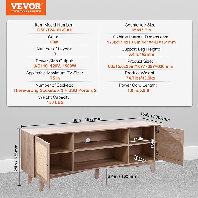 VEVOR Rattan TV Stand, Mid Century Modern TV Stand for 75 inch TV, Boho Rattan TV Cabinet with Build-in Socket and USB Ports, Adjustable Shelfs for Living Room, Media Room, Oak - LeafyLoom