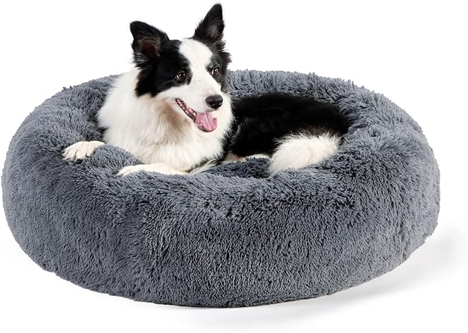 Bedsure Calming Dog Bed for Large Dogs - Donut Washable Large Pet Bed, 36 inches Anti-Slip Round Fluffy Plush Faux Fur Dog Bed, Fits up to 100 lbs Pets, Dark Grey BEDSURE
