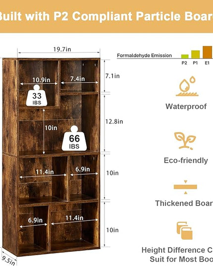 VECELO 42 Inch High Bookcase, 4-Tier Modern Storage Cabinet with Height Difference Shelves for Standard Textbooks, Floor Standing, 7 Cubes, Horizontal Available, Easy Assembly, Rustic Brown - LeafyLoom