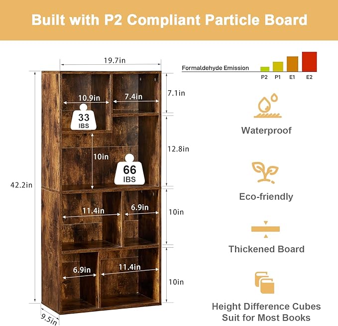 VECELO 42 Inch High Bookcase, 4-Tier Modern Storage Cabinet with Height Difference Shelves for Standard Textbooks, Floor Standing, 7 Cubes, Horizontal Available, Easy Assembly, Rustic Brown - LeafyLoom