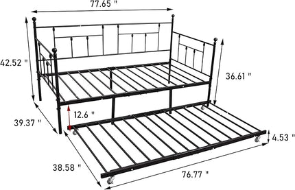 Twin Daybed with Trundle/Steel Slat Support/Space Saving Trundle Bed and Multi-Functional Furniture for Living Room and Guest Room, Black - LeafyLoom