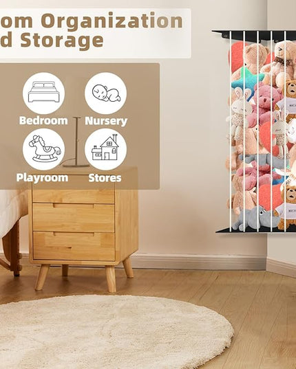 Toy Storage Organizer Corner Stuffed Animal Plush Toy Storage Kids Room Holder with Length Adjustable Large Toys Wall Hanging Shelf for Nursery Playroom Bedroom Sturdy Metal Black - LeafyLoom