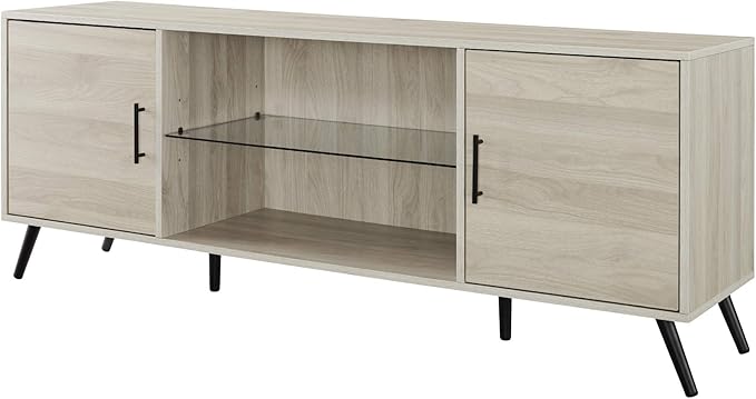 Walker Edison Saxon Mid Century Modern Glass Shelf TV Stand for TVs up to 65 Inches, 60 Inch, Birch - LeafyLoom