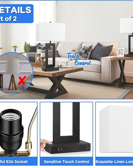 Set of 2 Modern Touch Control Table Lamps with 2 USB Ports, 22’’ Large Bedside Nightstand Lamps 3-Way Dimmable Desk Lamp With White Fabric Shade For Bedrooms Living Room Reading, 2 LED Bulbs Included - LeafyLoom