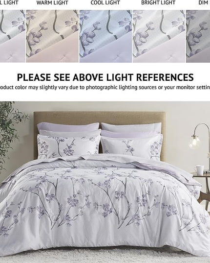 Comfort Spaces Bed in A Bag - Trendy Casual Design Cozy Comforter with Complete Sheet Set with Side Pocket, All Season Cover, Matching Shams Full(80"x90"), Kate, Grey/Purple 9 Piece, Cottage - LeafyLoom