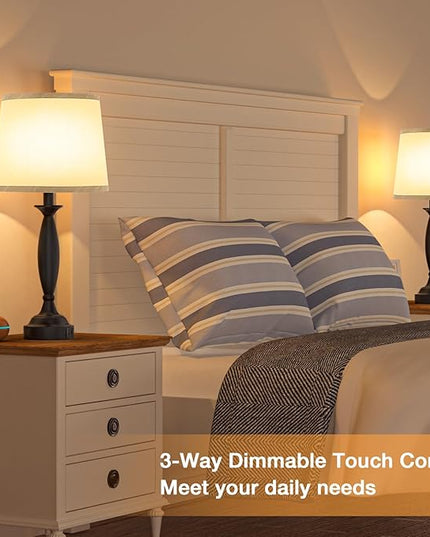 Grey Lamps for Bedrooms Set of 2 - Touch Control Bedside Lamp with USB C+A, 3 Way Dimmable Nightstand Lamps with USB Port, Table Lamp for Living Room(Grey Shade and Black Base) - LeafyLoom