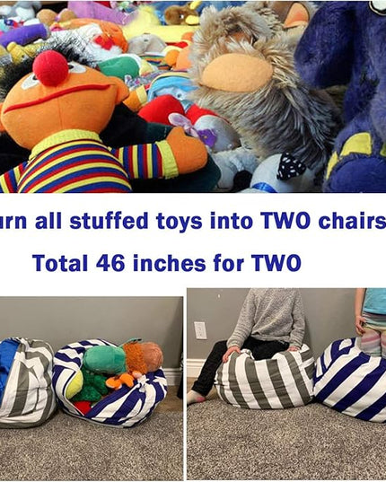 2 Packs Stuffed Animal Storage Beanbag Cover 24" Bean Bag Storage for Kids Girs Boys Room Toys Organizer Heavy-duty Zipper Bean Bag Chair Covers Only Grey Blue White Stripes Cotton Canvas - LeafyLoom