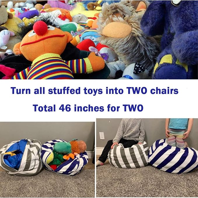 2 Packs Stuffed Animal Storage Beanbag Cover 24" Bean Bag Storage for Kids Girs Boys Room Toys Organizer Heavy-duty Zipper Bean Bag Chair Covers Only Grey Blue White Stripes Cotton Canvas - LeafyLoom