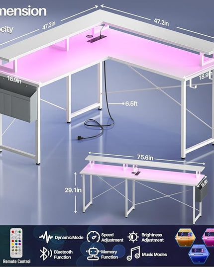armocity L Shaped Computer Desk with Power Outlets, Gaming Desk L Shaped with LED Lights, Corner Desk with Storage Shelves, Work Study Desk for Bedroom, Home Office Small Spaces, 47'', White - LeafyLoom
