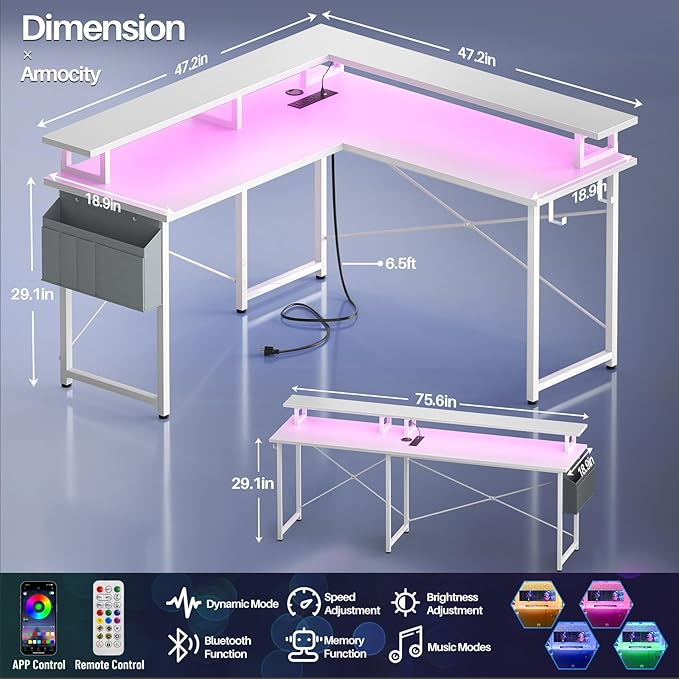 armocity L Shaped Computer Desk with Power Outlets, Gaming Desk L Shaped with LED Lights, Corner Desk with Storage Shelves, Work Study Desk for Bedroom, Home Office Small Spaces, 47'', White - LeafyLoom