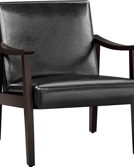 Yaheetech PU Leather Accent Chair, Mid-Century Modern Armchair with Solid Wood Legs, Reading Leisure Chair with High Back for Living Room Bedroom Waiting Room, Black - LeafyLoom