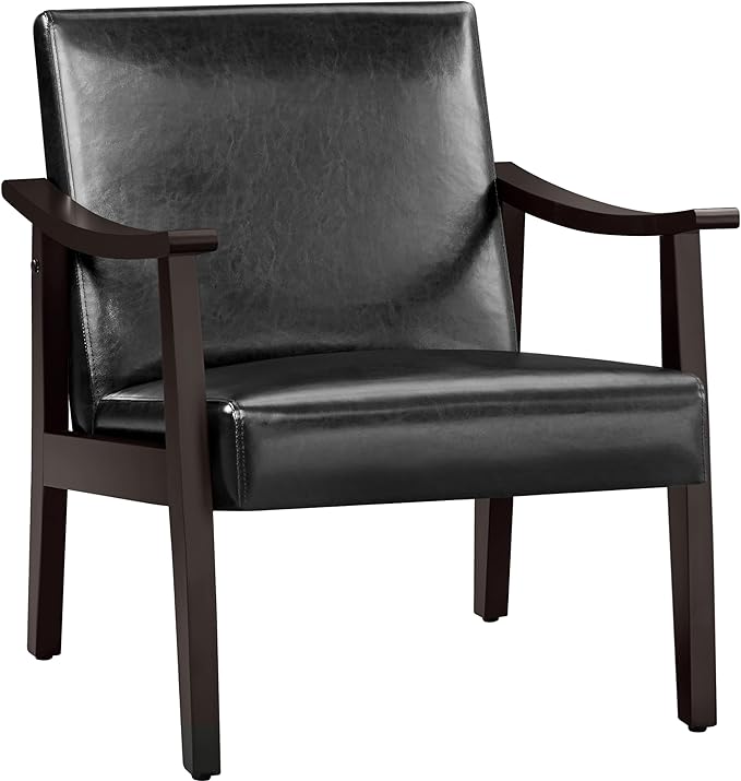 Yaheetech PU Leather Accent Chair, Mid-Century Modern Armchair with Solid Wood Legs, Reading Leisure Chair with High Back for Living Room Bedroom Waiting Room, Black - LeafyLoom
