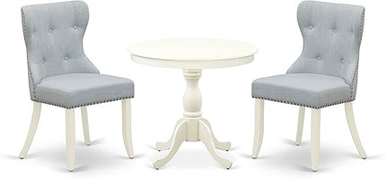 East West Furniture AMSI3-LWH-15 Antique 3 Piece Dining Set for Small Spaces Contains a Round Kitchen Table with Pedestal and 2 Baby Blue Linen Fabric Parsons Chairs, 36x36 Inch - LeafyLoom