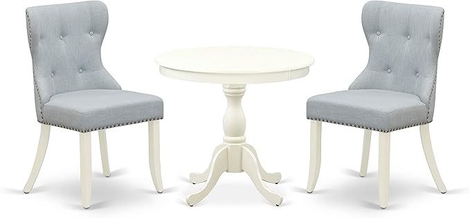 East West Furniture AMSI3-LWH-15 Antique 3 Piece Dining Set for Small Spaces Contains a Round Kitchen Table with Pedestal and 2 Baby Blue Linen Fabric Parsons Chairs, 36x36 Inch - LeafyLoom