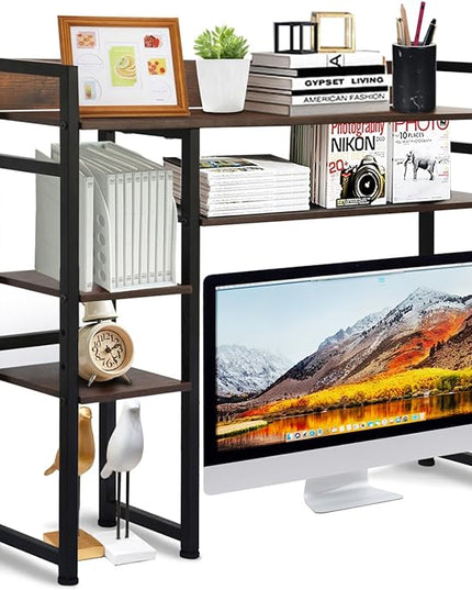 Desktop Bookshelf, 2-Tier Multipurpose Wood Bookcase for Computer Desk, Countertop Storage Hutch Display Rack Organizer for Dorm Office Home - Brown - LeafyLoom