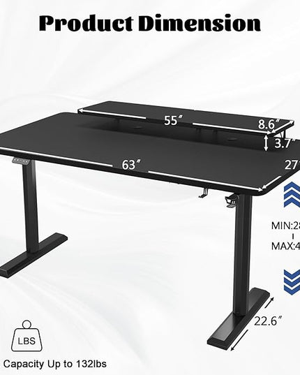 Electric Standing Desk with Monitor Shelf, 63 x 27 Inches Height Adjustable Corner Table, Computer Workstation with Cup Holder and Hook for Home Office, Black, 63x27 Inch - LeafyLoom