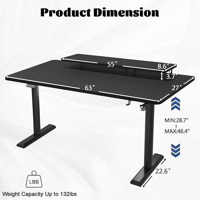 Electric Standing Desk with Monitor Shelf, 63 x 27 Inches Height Adjustable Corner Table, Computer Workstation with Cup Holder and Hook for Home Office, Black, 63x27 Inch - LeafyLoom